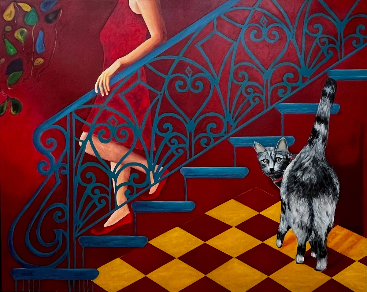011 sitting on a chair in a dark room, looking at a painting 2021 acryl auf leinwand 160x200cm-3