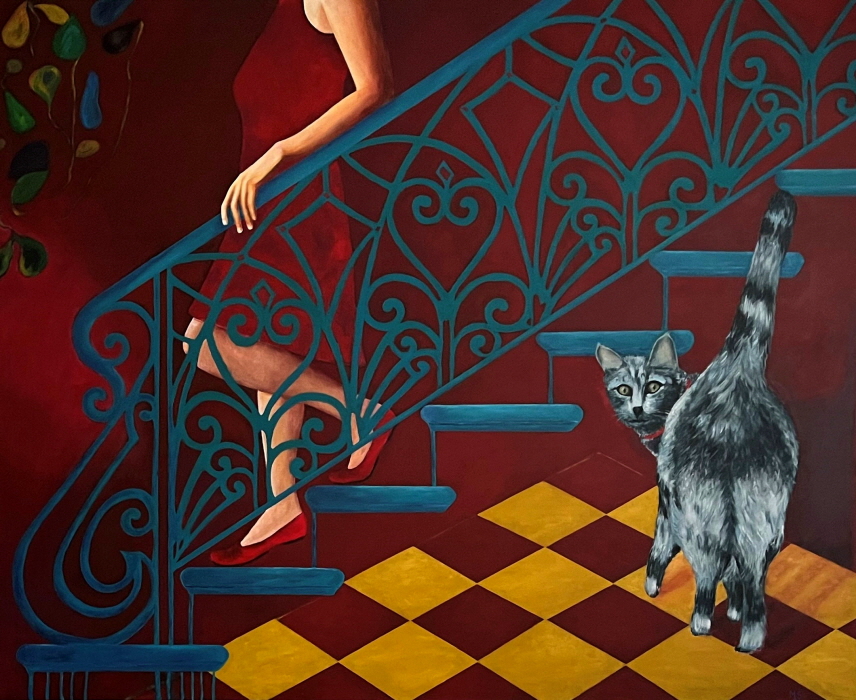 sitting on a chair in a dark room, looking at a painting 2021  acryl auf lwd